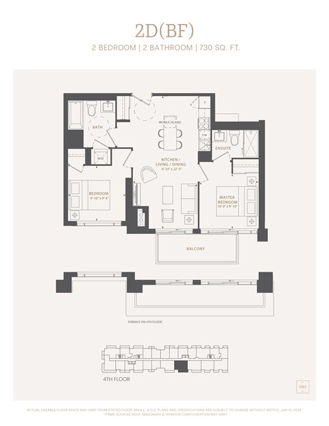 Floor plan for 2 beds, 2 baths, 730 sqft
